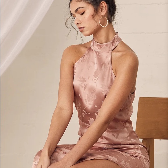 NWT Lulu's Light Rose Floral Satin Jacquard Maxi slit Dress size S - Picture 8 of 10